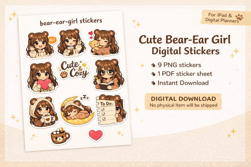 Cute Bear-Ear Girl Digital Stickers表紙