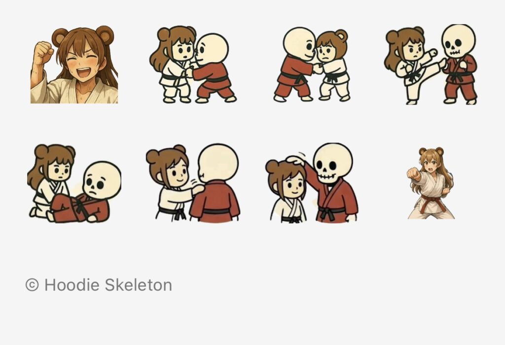 骸骨パーカー男が出品している「組み手をしましょう」のラインスタンプの内容一覧二枚目の画像。デフォルメイラストが多く、お互いにたたえあっているスタンプあり。