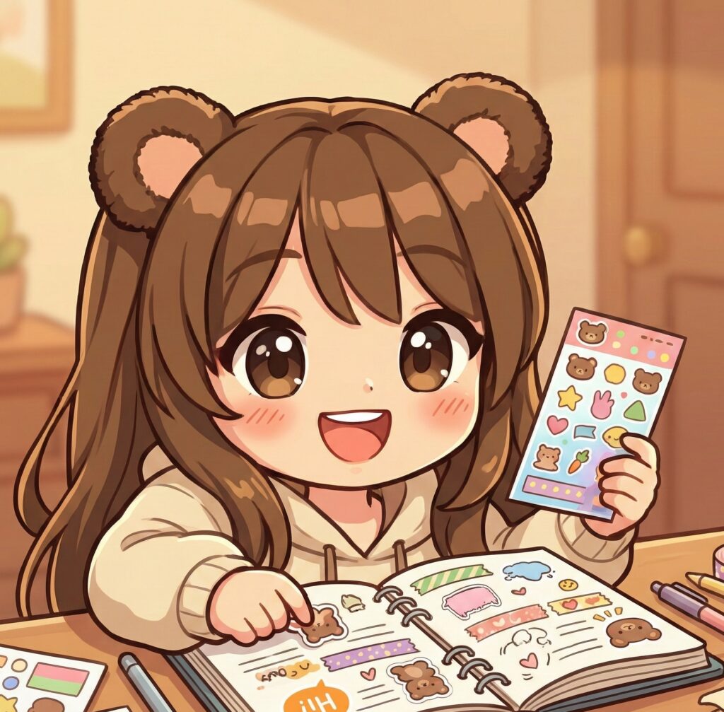 熊耳ロン毛ガールが手帳にステッカーを貼っている
