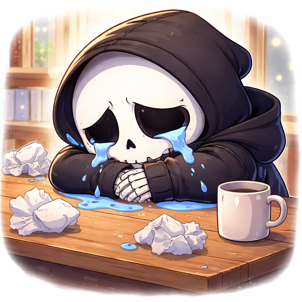 テーブルに突っ伏して泣いてる骸骨パーカー男