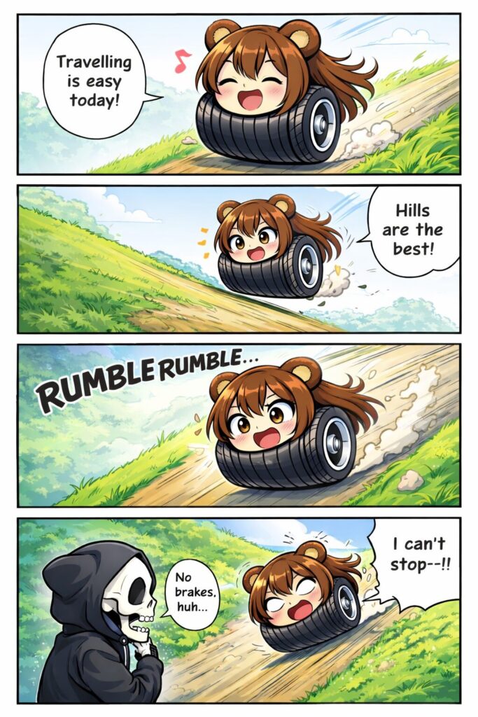 坂道で止まれない熊耳ロン毛タイヤの四コマ