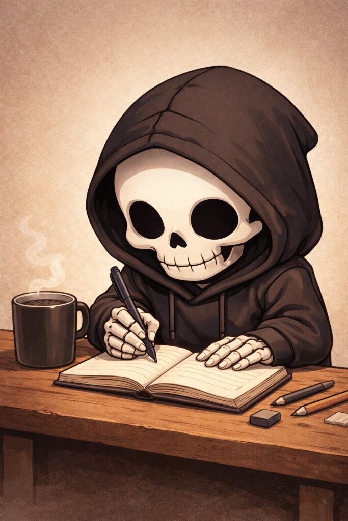 コーヒー隣に何か書いてる骸骨パーカー男