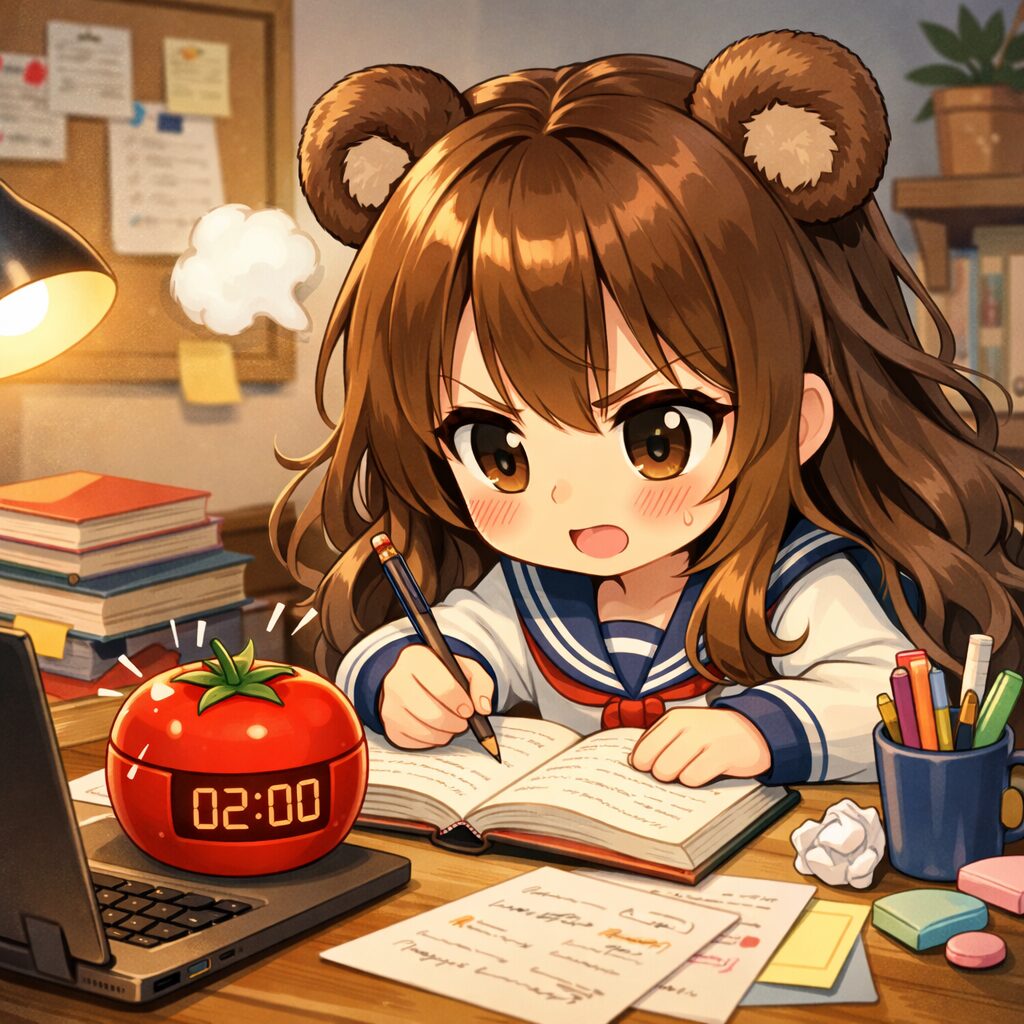 タイマーで時間制限かけて勉強頑張る熊耳ロン毛ガールJK