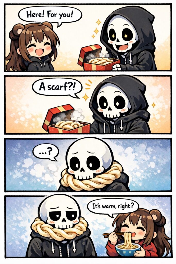 うどんマフラーの４コマ