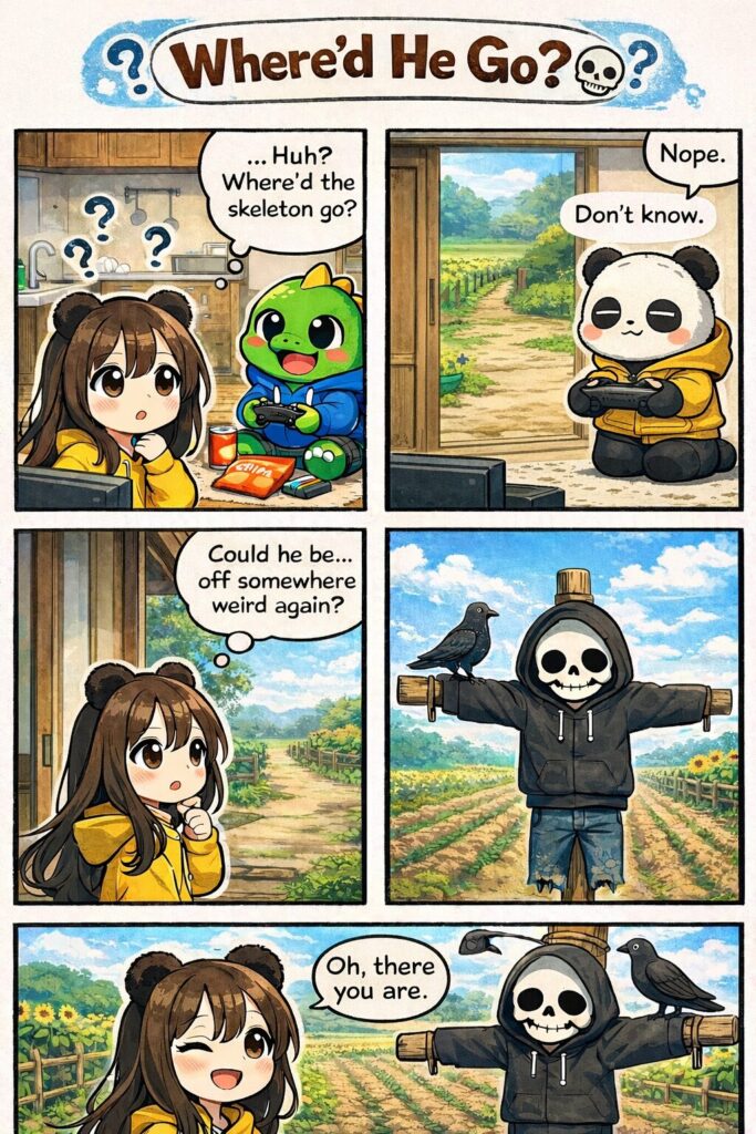 かかしになった黒パーカーデニム骸骨