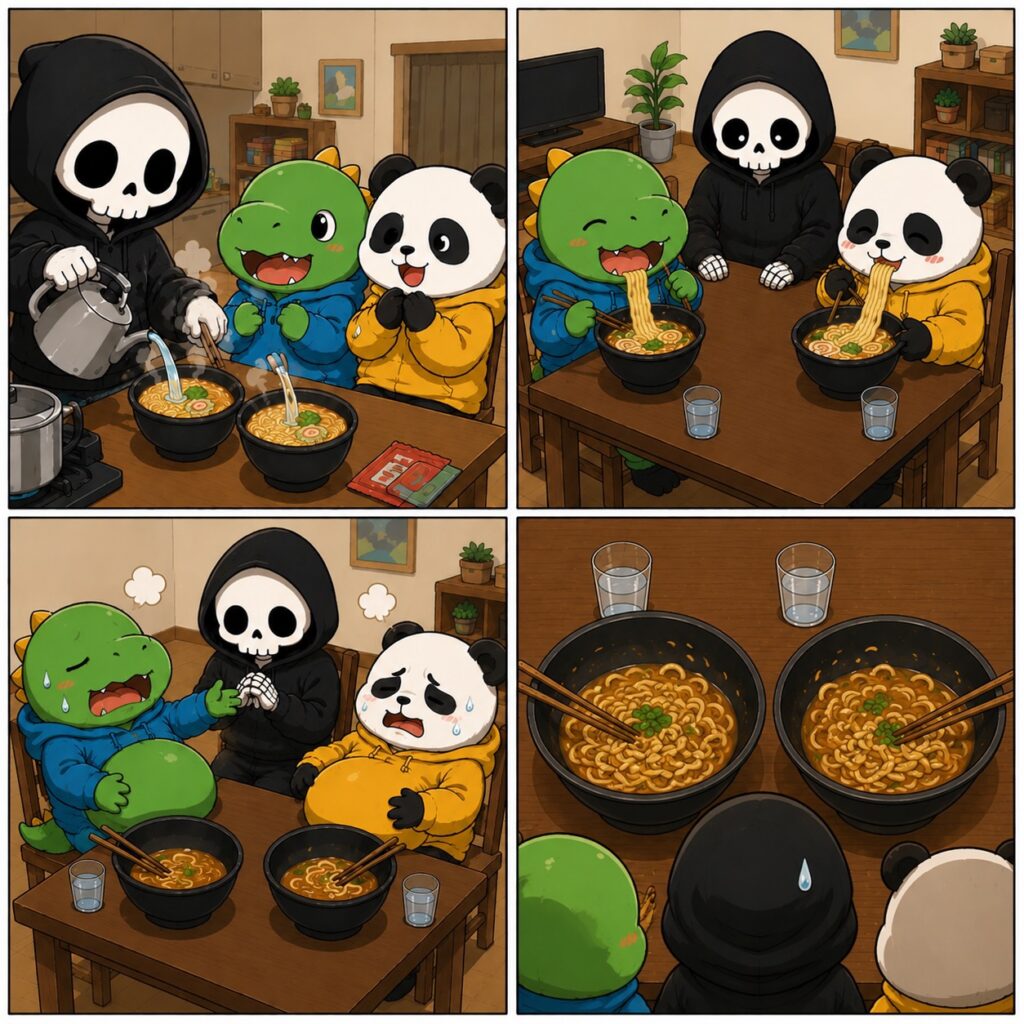 二人のためにラーメン作ってあげたら残されて伸びたラーメンを前に困る骸骨