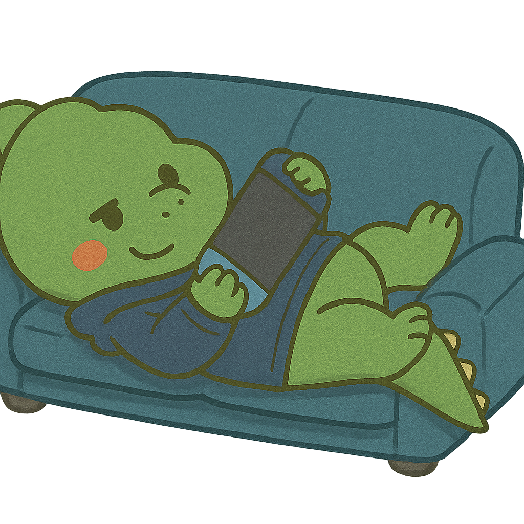 ソファで寝そべってゲームする恐竜ボーイ