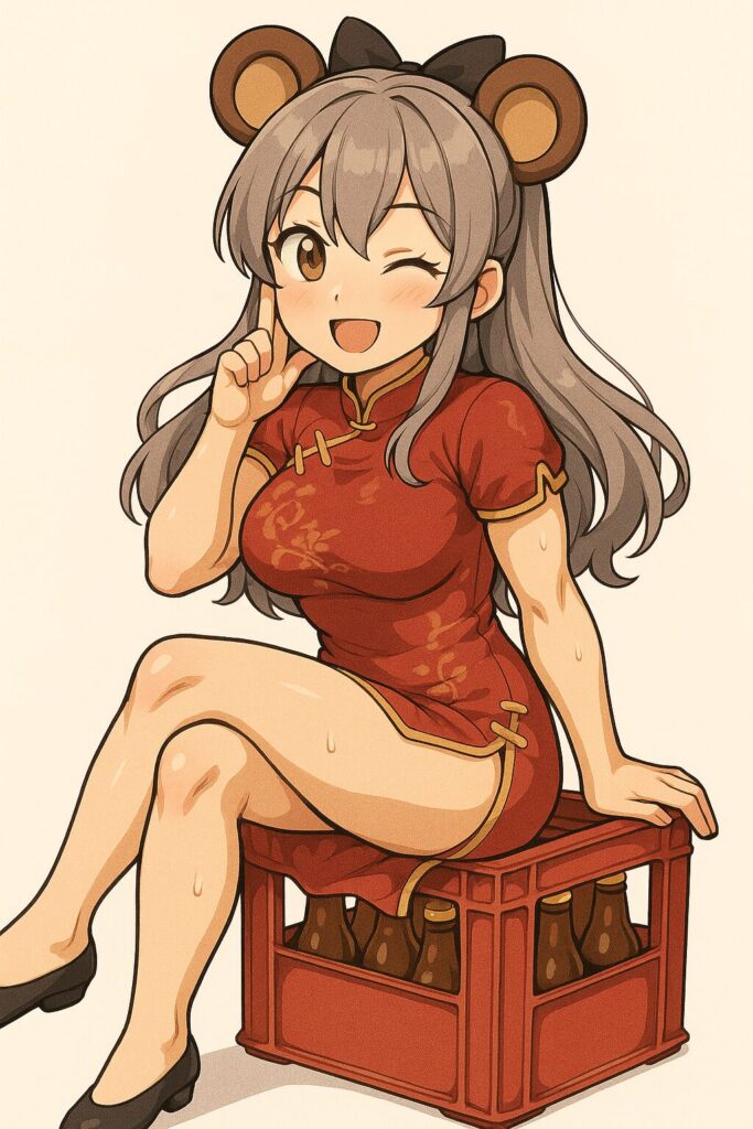 チャイナドレス着て足を組んでウインクしてる熊耳ロン毛ガール