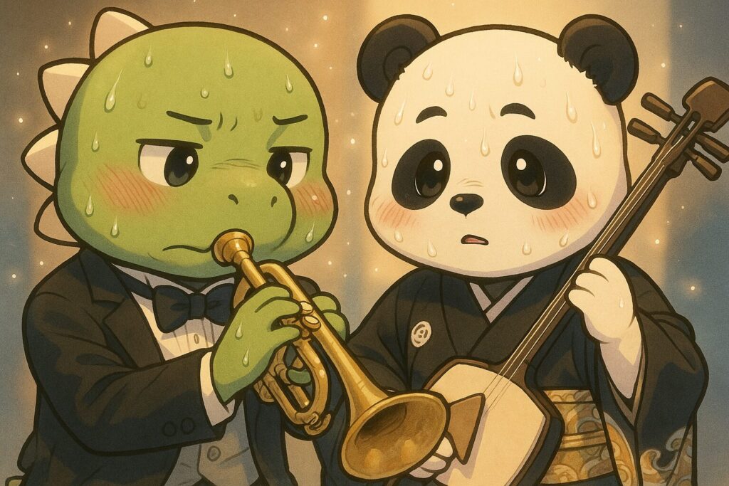 トランペットを吹く恐竜ボーイと三味線を演奏するパンダKID