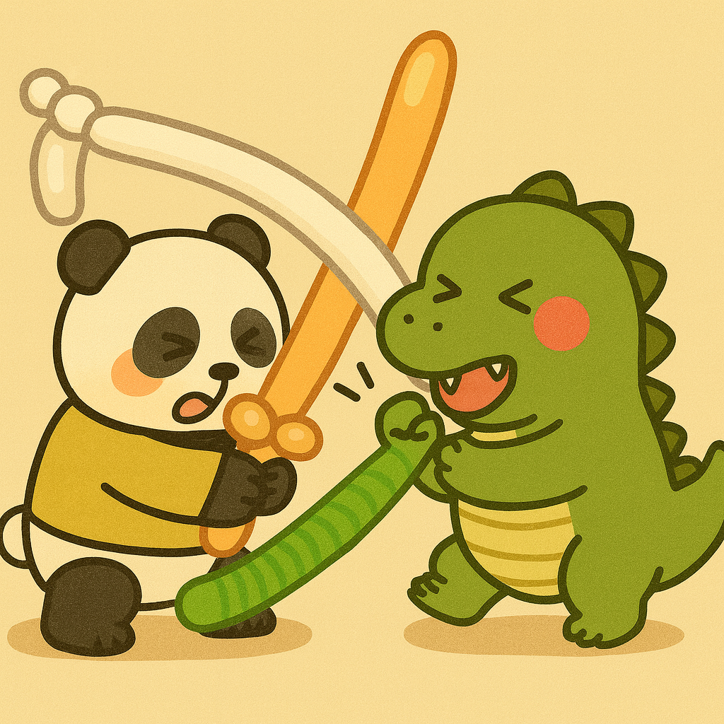 風船ソードでチャンバラごっこをするデフォルメパンダと恐竜