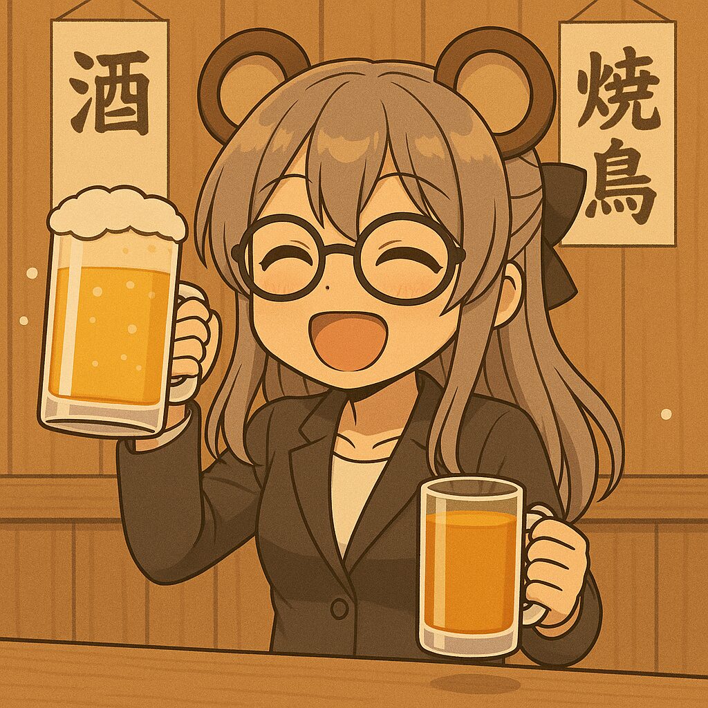 ビールジョッキを両手に持った熊耳ロン毛OL