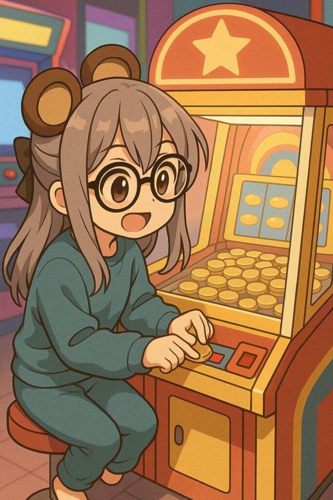 スウェットでゲームセンターで遊んでるオフの日の熊耳ロン毛ガール