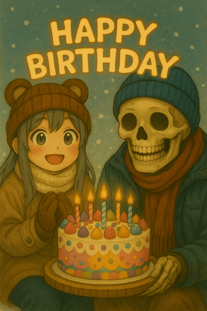 誕生日ケーキを正面に、熊耳ロン毛ガールと骸骨パーカー男が誕生日を祝っている画像。リアル寄りの可愛めの仕上がり。