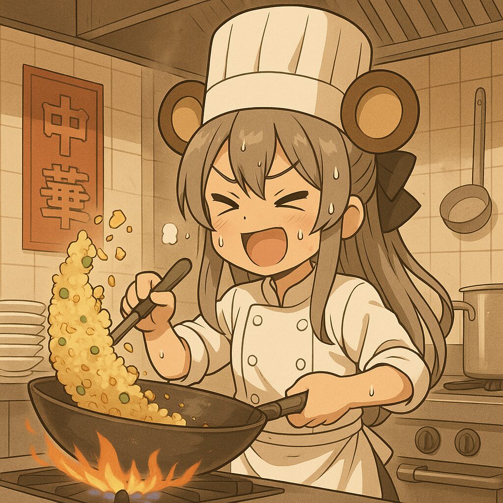 チャーハン鉄鍋で混ぜてる中華料理人熊耳ロン毛ガール