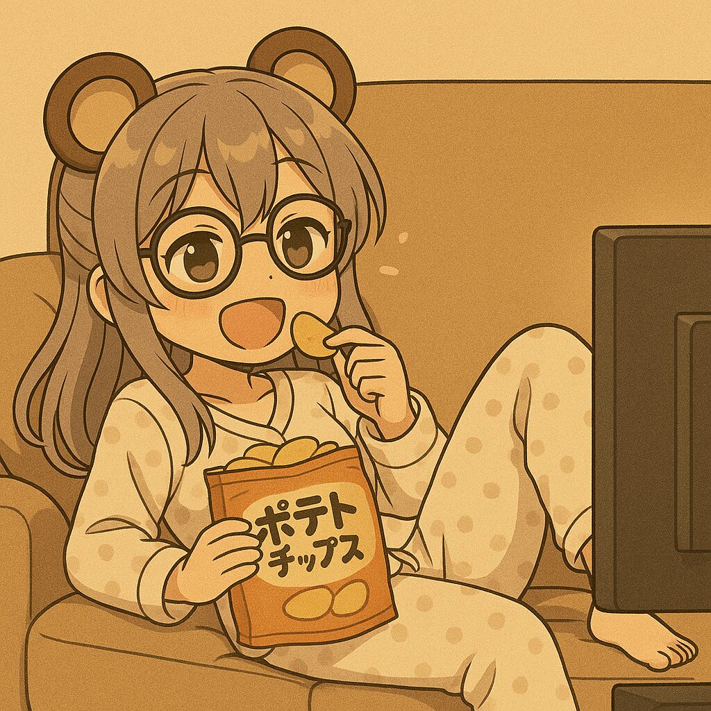 テレビ見ながらカウチポテトしてる眼鏡寝間着熊耳ロン毛ガール