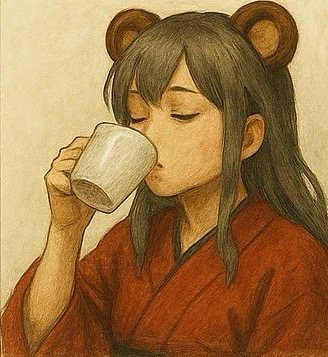 画風を変えた飲み物飲んでる熊耳ロン毛ガール