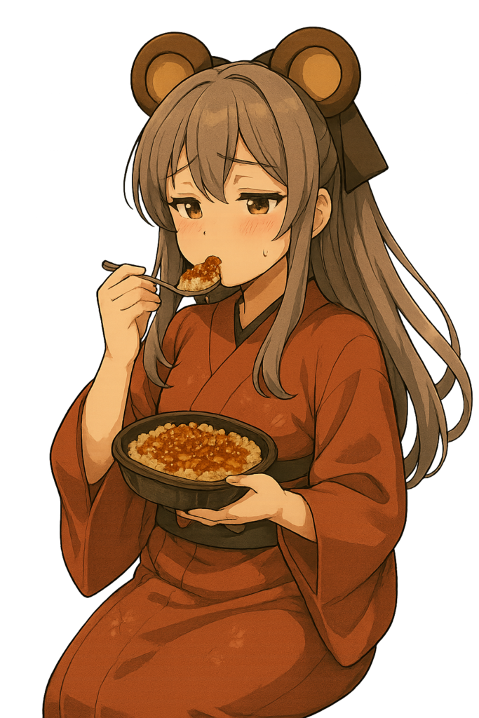 恥じらいながら焼肉のたれごはん食べてる熊耳ロン毛ガール