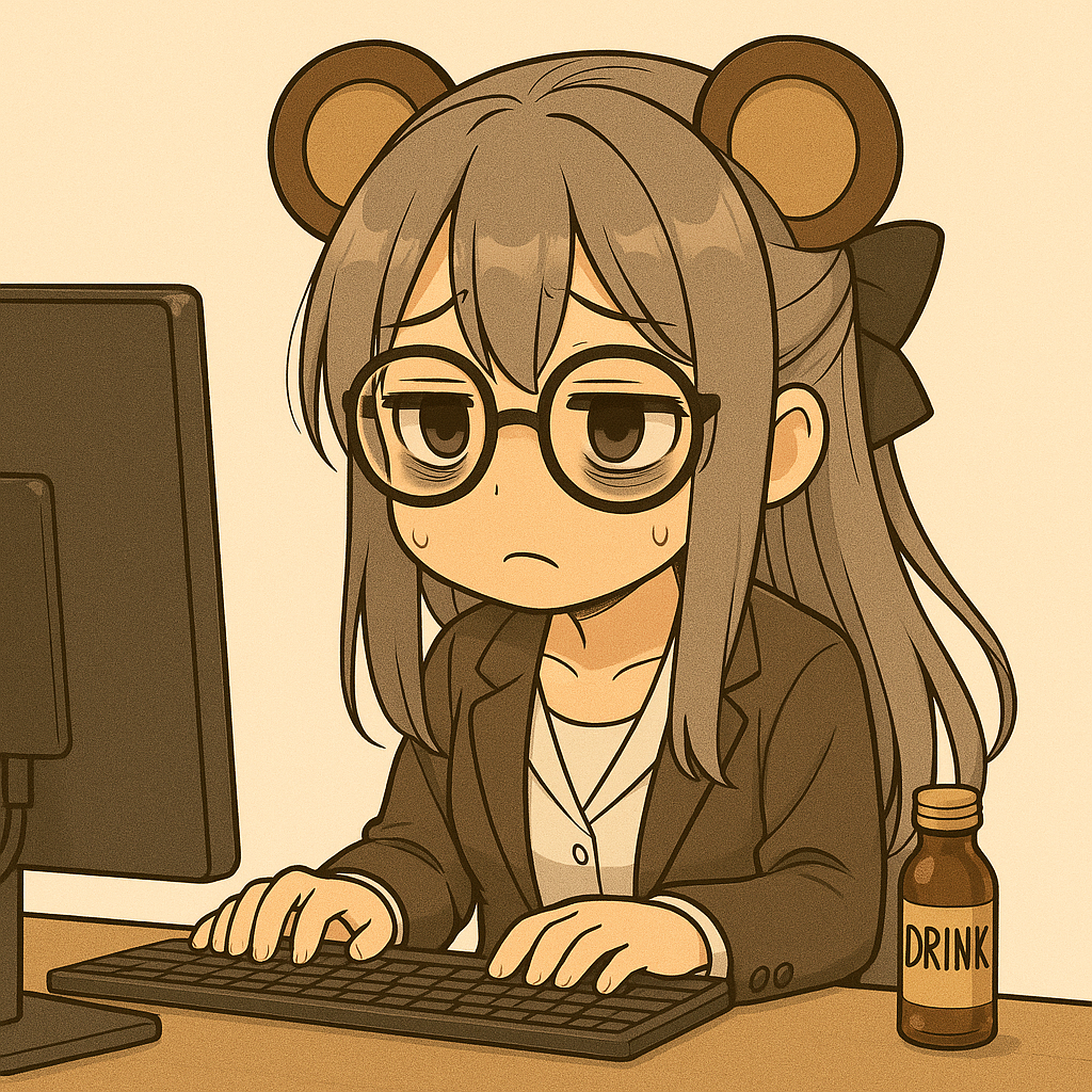 パソコンを前に目にクマができているお疲れ熊耳ロン毛ガール