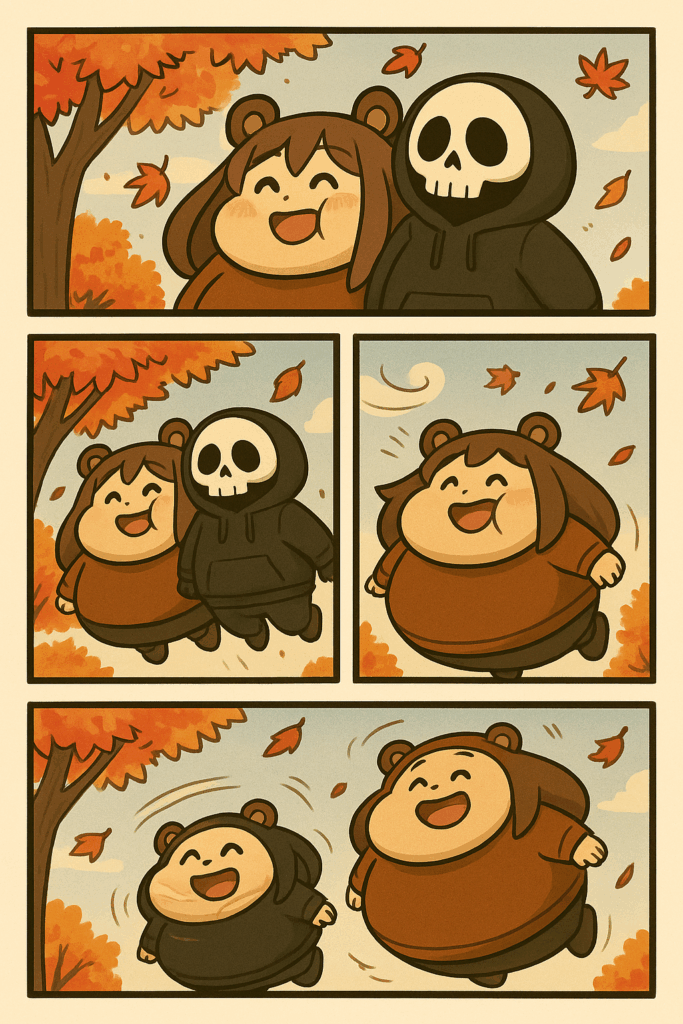 もみじ饅頭食べ過ぎて浮いていく笑顔熊耳ロン毛ガールと骸骨パーカー男