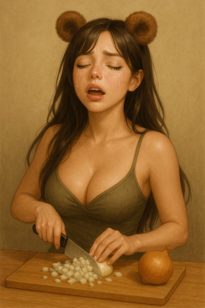 玉ねぎが目に染みて泣いてる胸元がセクシーな熊耳ロン毛ガール