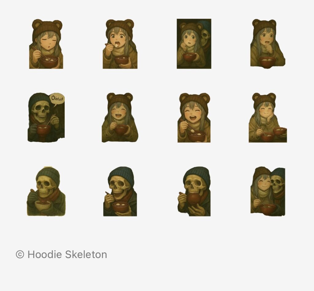 骸骨パーカー男が作成したおしるこ物語のラインスタンプの内容一覧二枚目、リアルな画風多い
