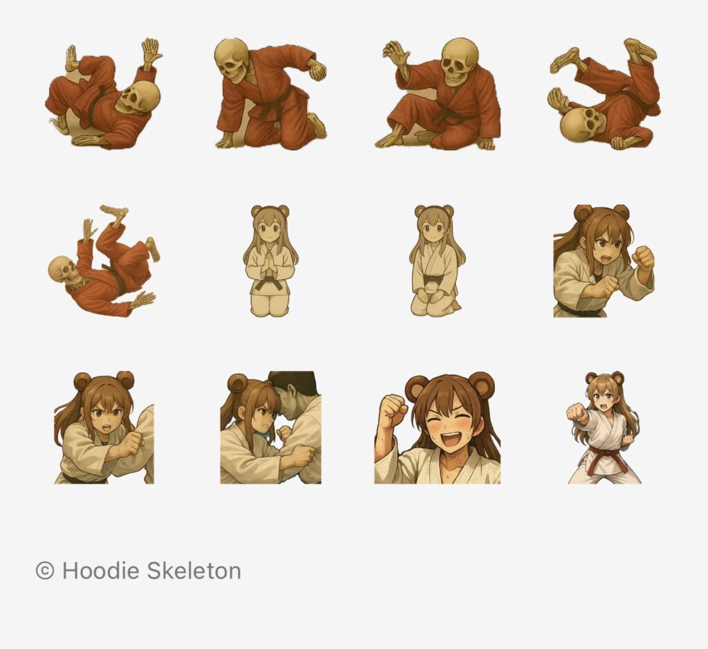 骸骨パーカー男が出品している「骸骨男、熊耳ロン毛ガールと組手をする。」のラインスタンプの内容一覧二枚目。リアルな骸骨男が投げられて膝をついている画像打数。