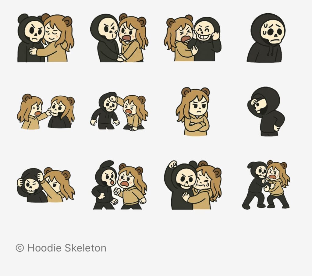 骸骨パーカー男が出品している喧嘩するほど仲が良いってか？のラインスタンプの内容一覧二枚目。