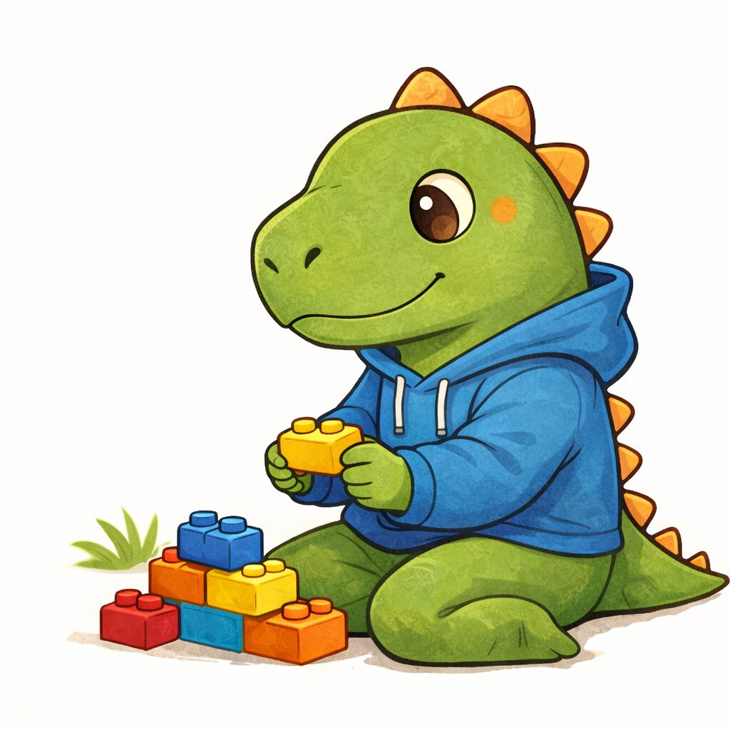 恐竜ボーイが座ってブロック遊びをしている