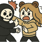 熊耳ロン毛ガールが骸骨パーカー男につっかかっているイラスト画像