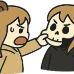 骸骨パーカー男が熊耳ロン毛ガールのかつらをかぶっている。その骸骨パーカー男の頬っぺたを熊耳ロン毛ガールが引っ張っているイラスト画像