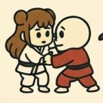 デフォルメの熊耳ロン毛ガールと骸骨男が道着を着て組み手をしているイラスト画像