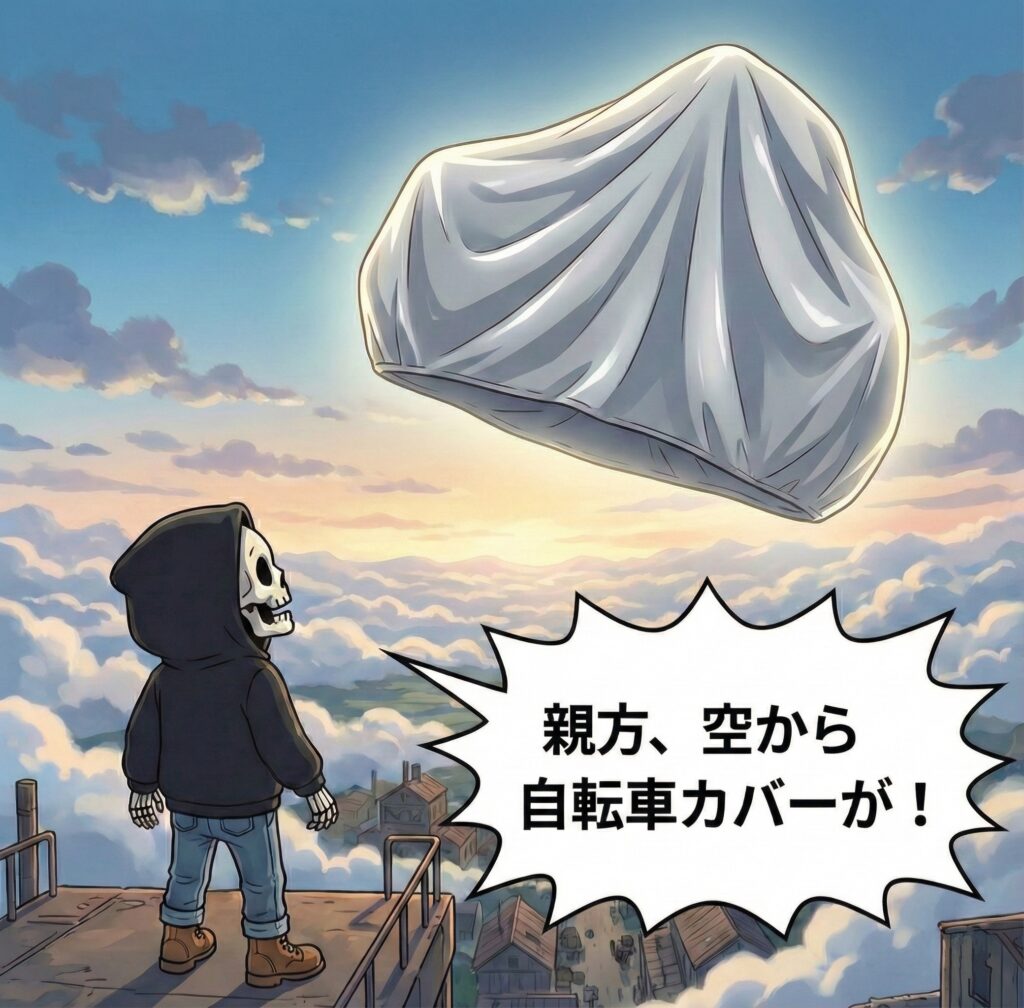 空から自転車カバーが舞い降りてくる天空の城ラピュタのオマージュ