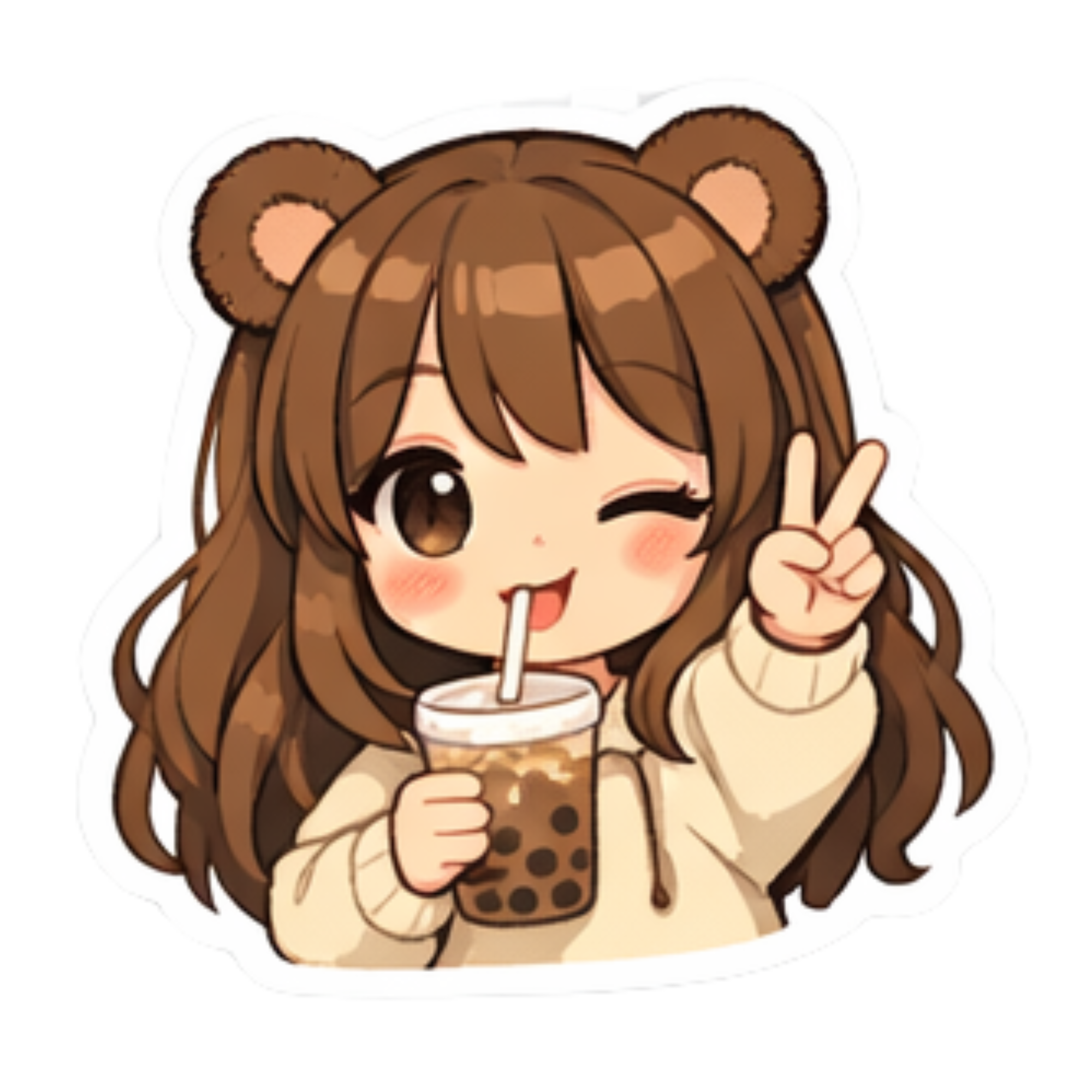 タピオカミルクティー飲んでピースサインの熊耳ロン毛ガール