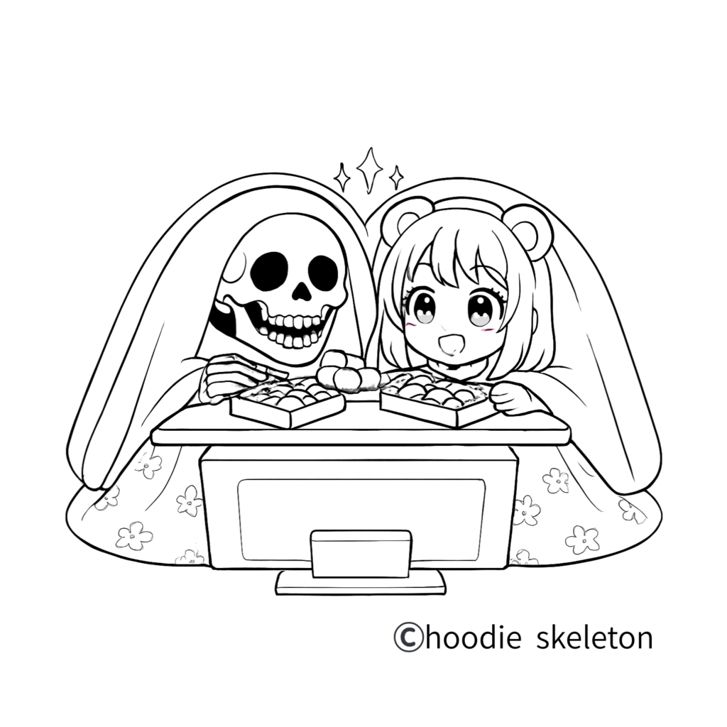 こたつで一緒にお菓子を食べる骸骨パーカー男と熊耳ロン毛ガールの塗り絵イラスト
