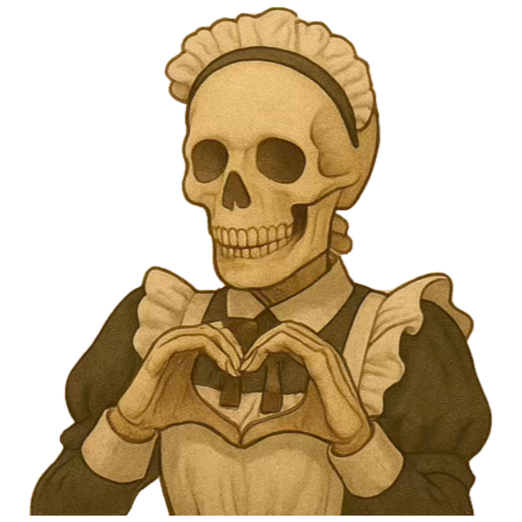 ハートマークを手で作っている骸骨メイド