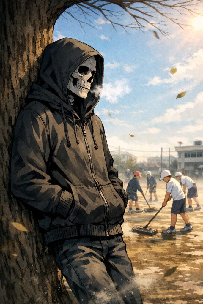 木によりかかって子供の様子を見ている骸骨パーカー男