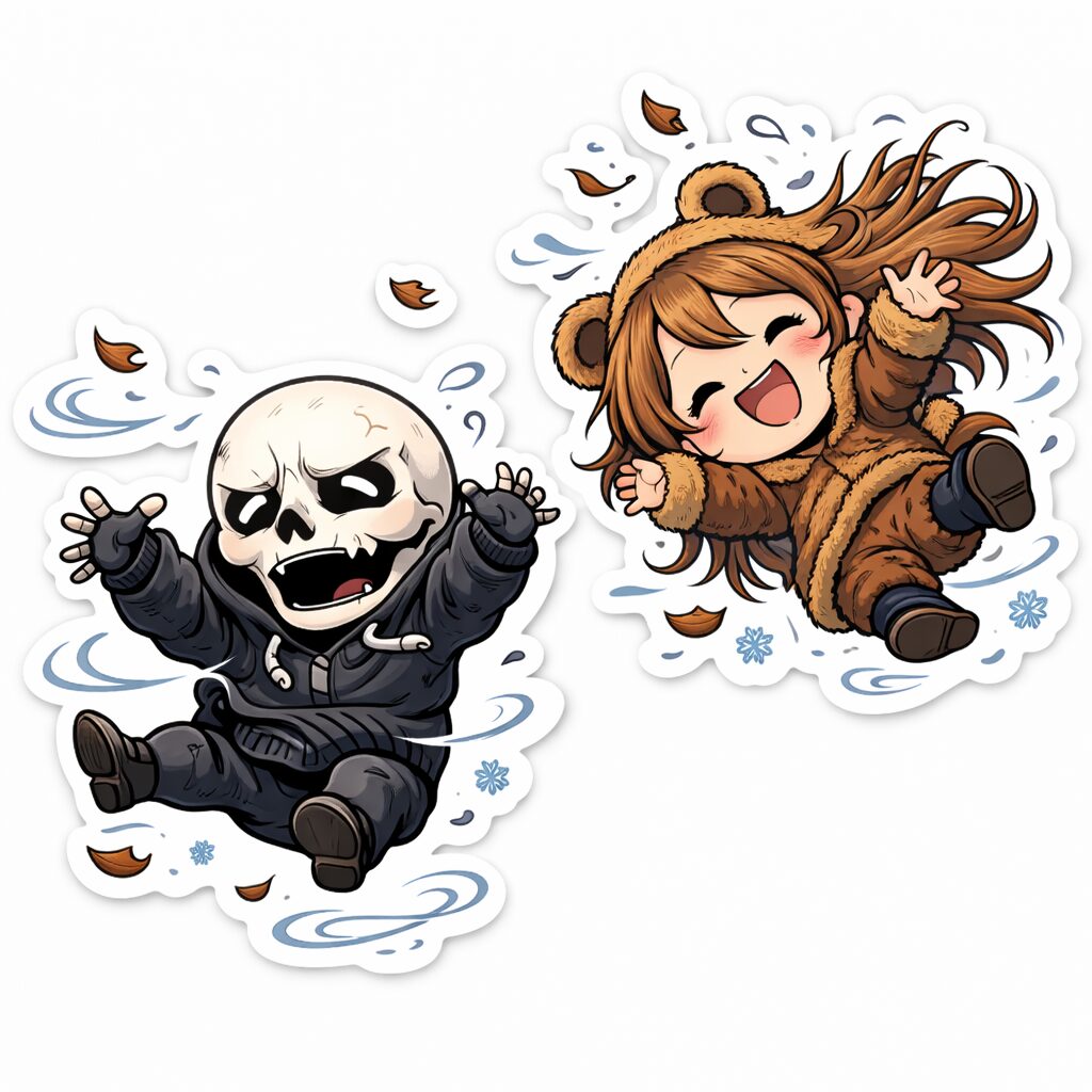 木枯らしに飛ばされる２人