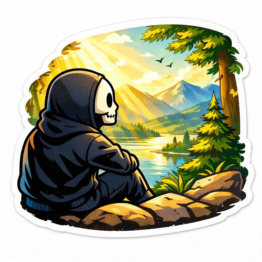 池と山々の景色を座って眺めている骸骨パーカー男