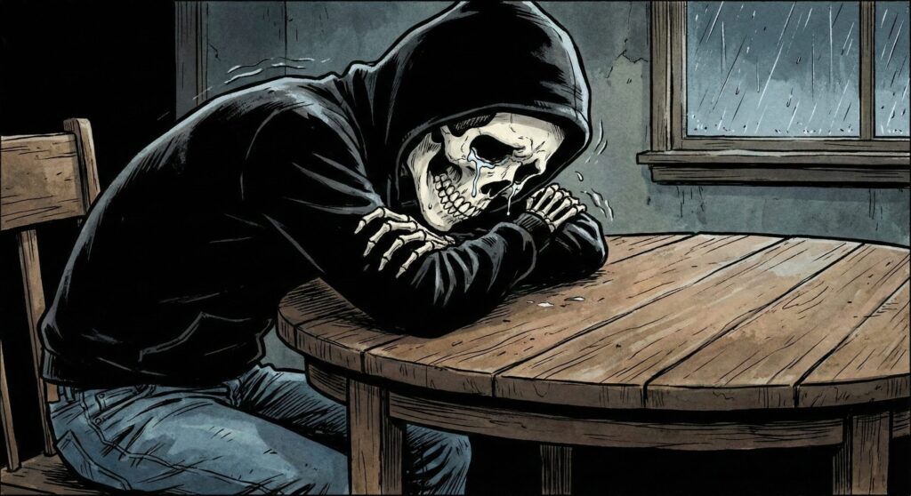 テーブルに突っ伏して泣いている骸骨パーカー男