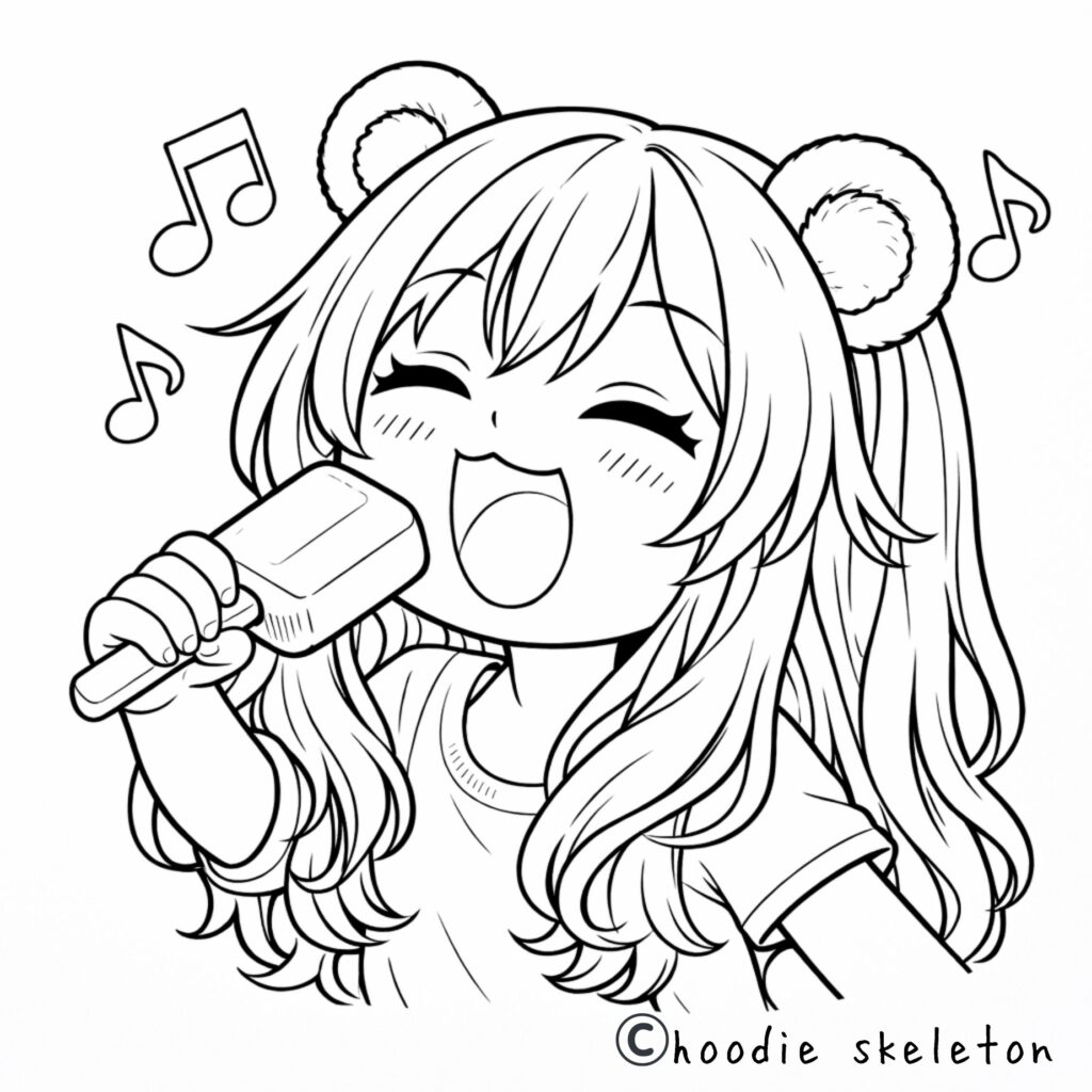 アイスをマイク代わりにして歌う熊耳ロン毛ガール