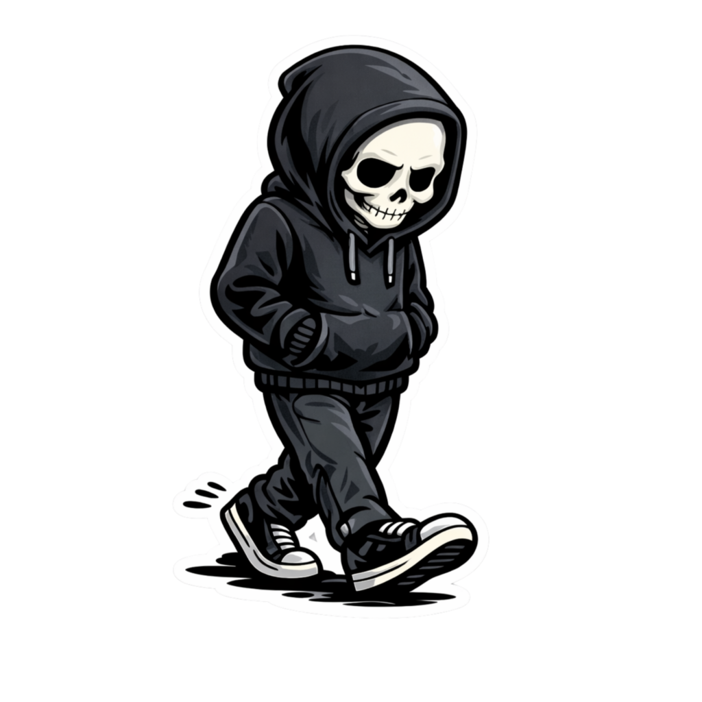 パーカーのポケットに手をつっこんで伏し目がちで歩く骸骨パーカー男