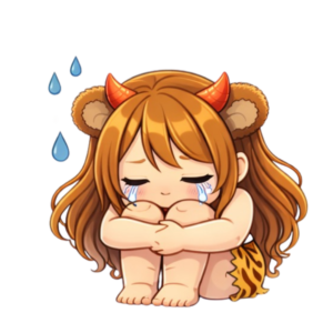 体育すわりで落ち込んでる様子の鬼の子熊耳ロン毛ガール