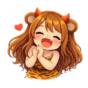 両手を握ってハート浮かべて喜んでいる鬼の子熊耳ロン毛ガール