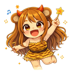 ステッキもって楽しんでる様子の鬼の子熊耳ロン毛ガール