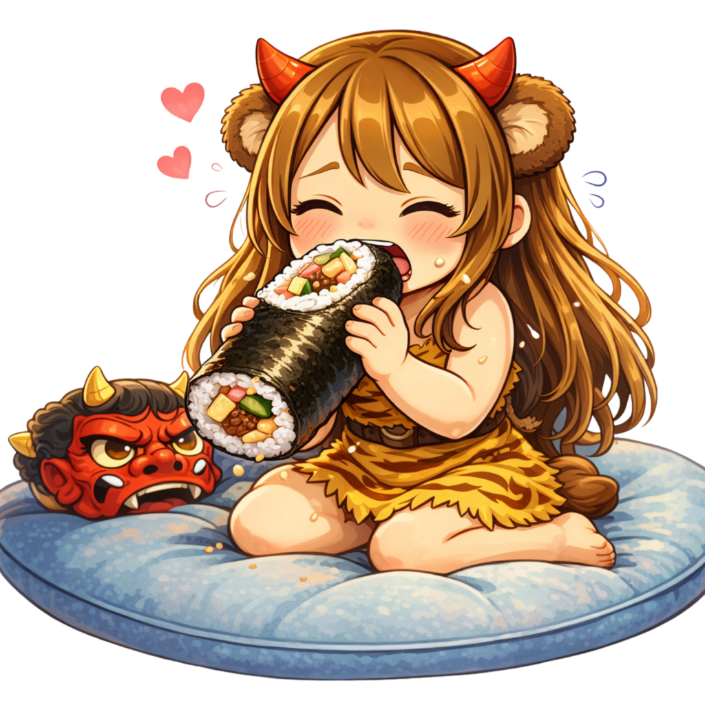 恵方巻き食べる鬼の子熊耳ロン毛ガール