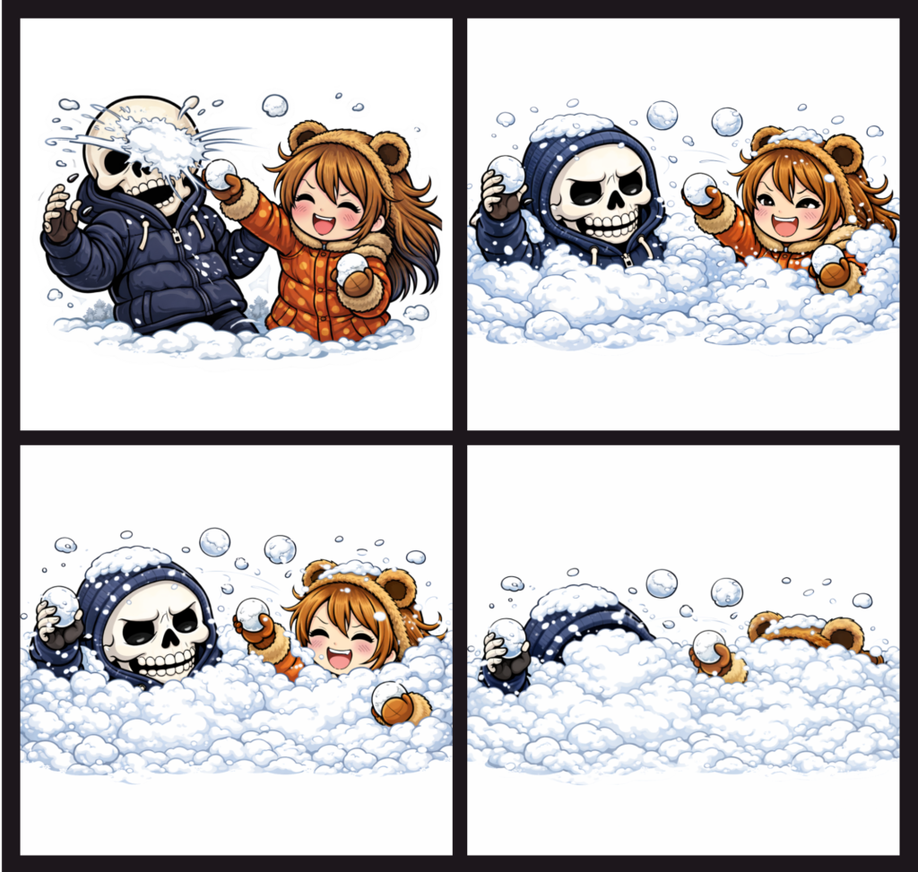 雪合戦に夢中になって雪に埋もれていく骸骨パーカー男と熊耳ロン毛ガール