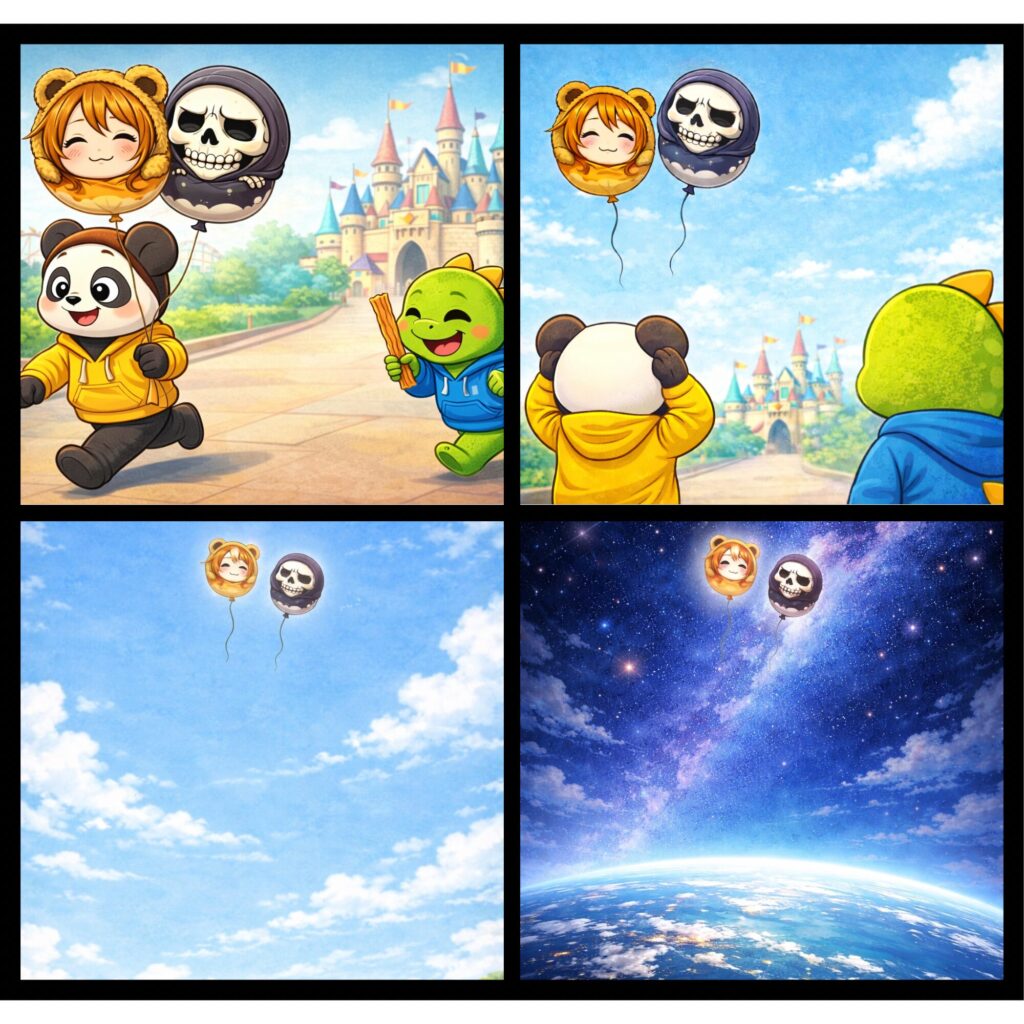 テーマパークで買った風船が飛んでいく4コマ