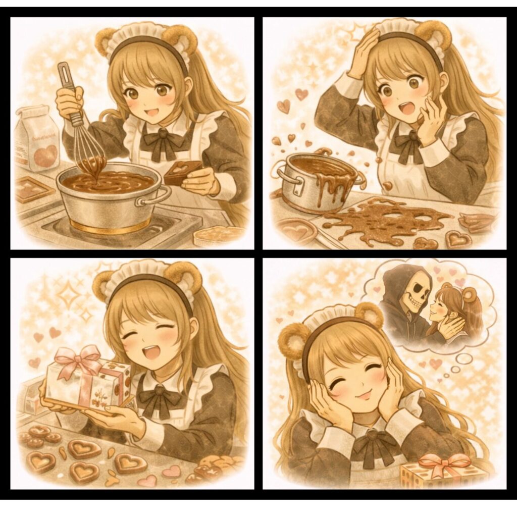 熊耳ロン毛メイドがチョコ作ってる4コマ