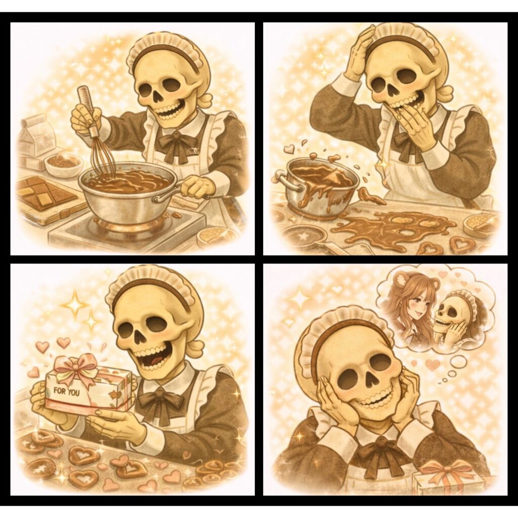 骸骨メイドがチョコ作ってる4コマ