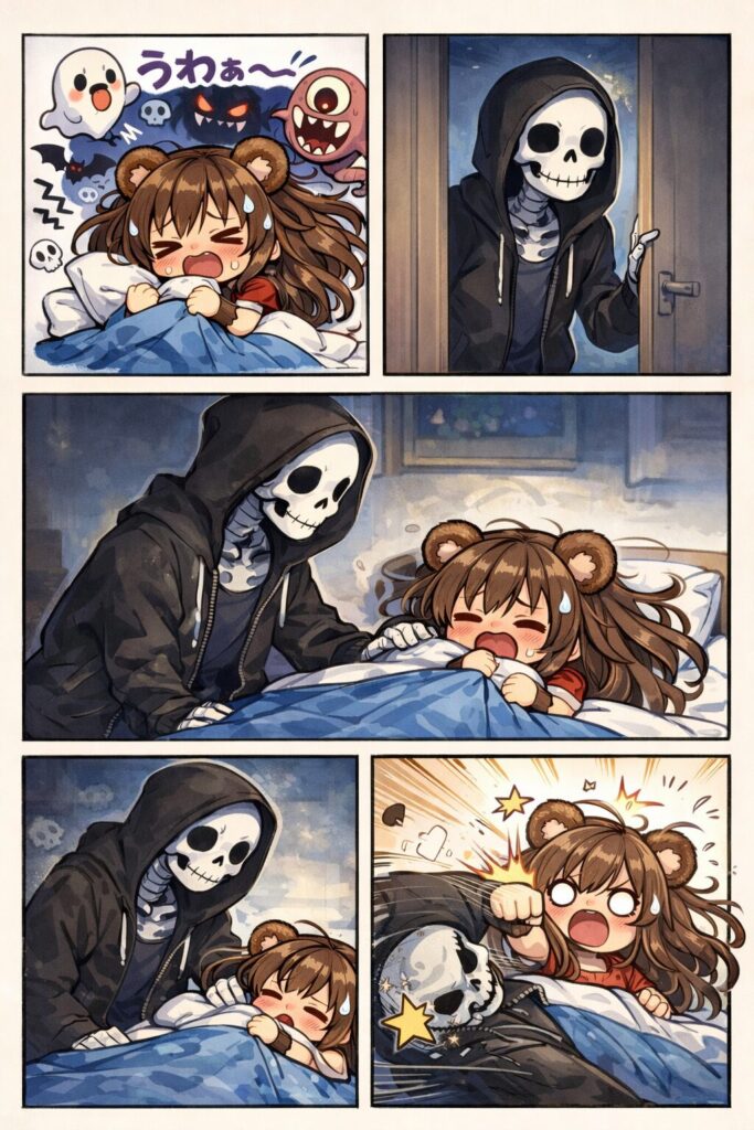 うなされてる熊耳ロン毛ガールをおこしてあげたら殴られる骸骨パーカー男